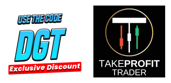 Take Profit Trader discount code image featuring the Take Profit Trader logo and exclusive 40% OFF futures prop firm offer from DamnPropFirms