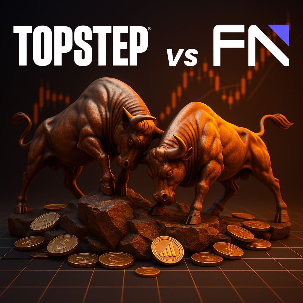 .3D image of two armored bulls fighting in a medieval battlefield with glowing green and red accents, symbolizing Topstep and FundedNext prop firm rivalry.