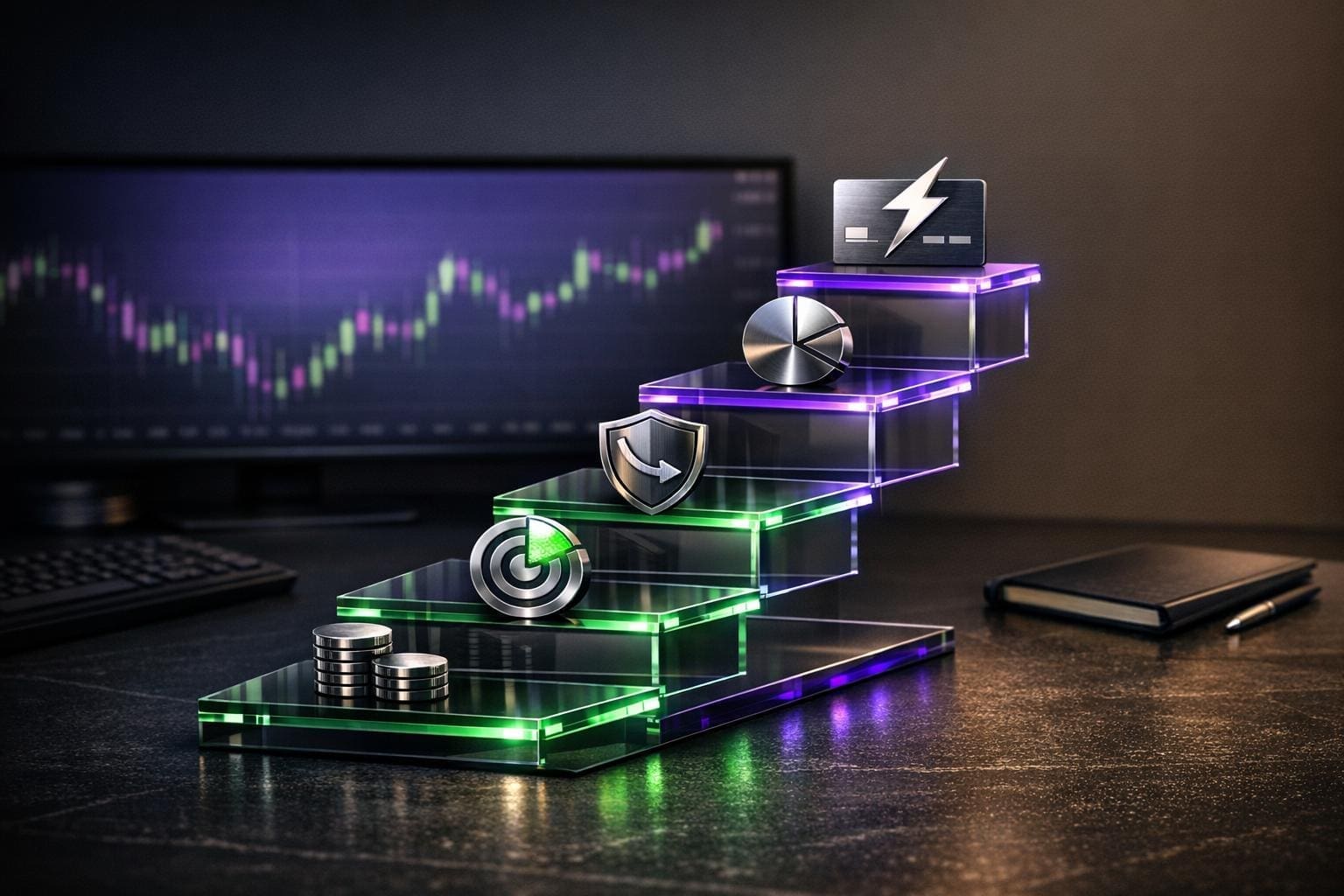 Glass staircase lit in green and purple rising from stacked coins past target, shield, and profit split icons to a lightning payout card, with a futures chart behind — the LucidDirect instant funding path from one-time fee to fast payouts