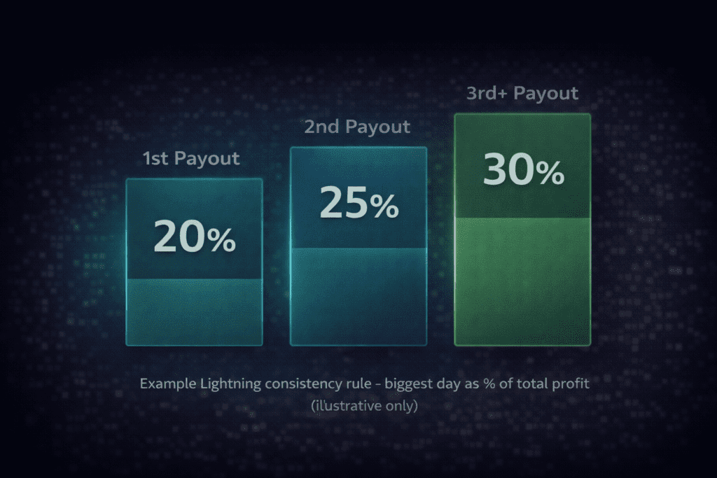 Tradeify Lightning account consistency rule infographic showing 20 percent 25 percent and 30 percent payout consistency progression