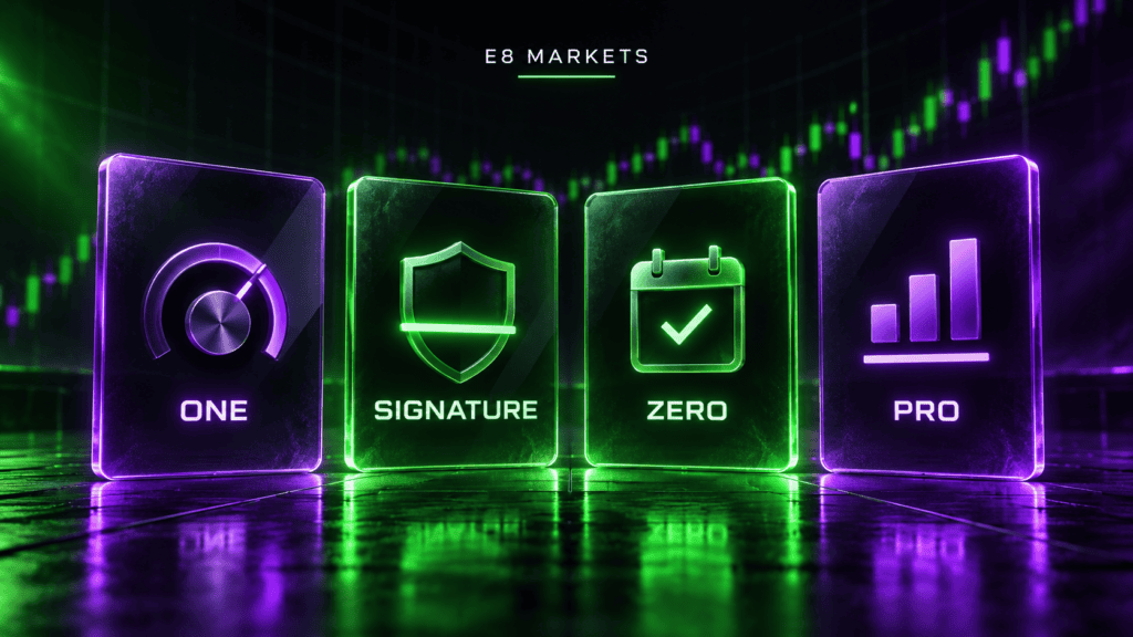 E8 Markets accounts compared — One, Signature, Zero and Pro cards, with Signature and Zero as the futures products