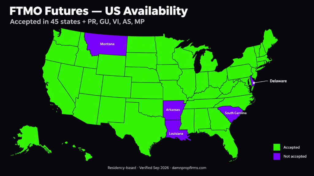 FTMO Futures US availability map: accepted in 45 states, not accepted in Arkansas, Delaware, Louisiana, Montana and South Carolina