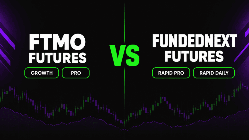 FTMO Futures vs FundedNext Futures comparison graphic — Growth and Pro accounts against Rapid Pro and Rapid Daily, $50K side by side